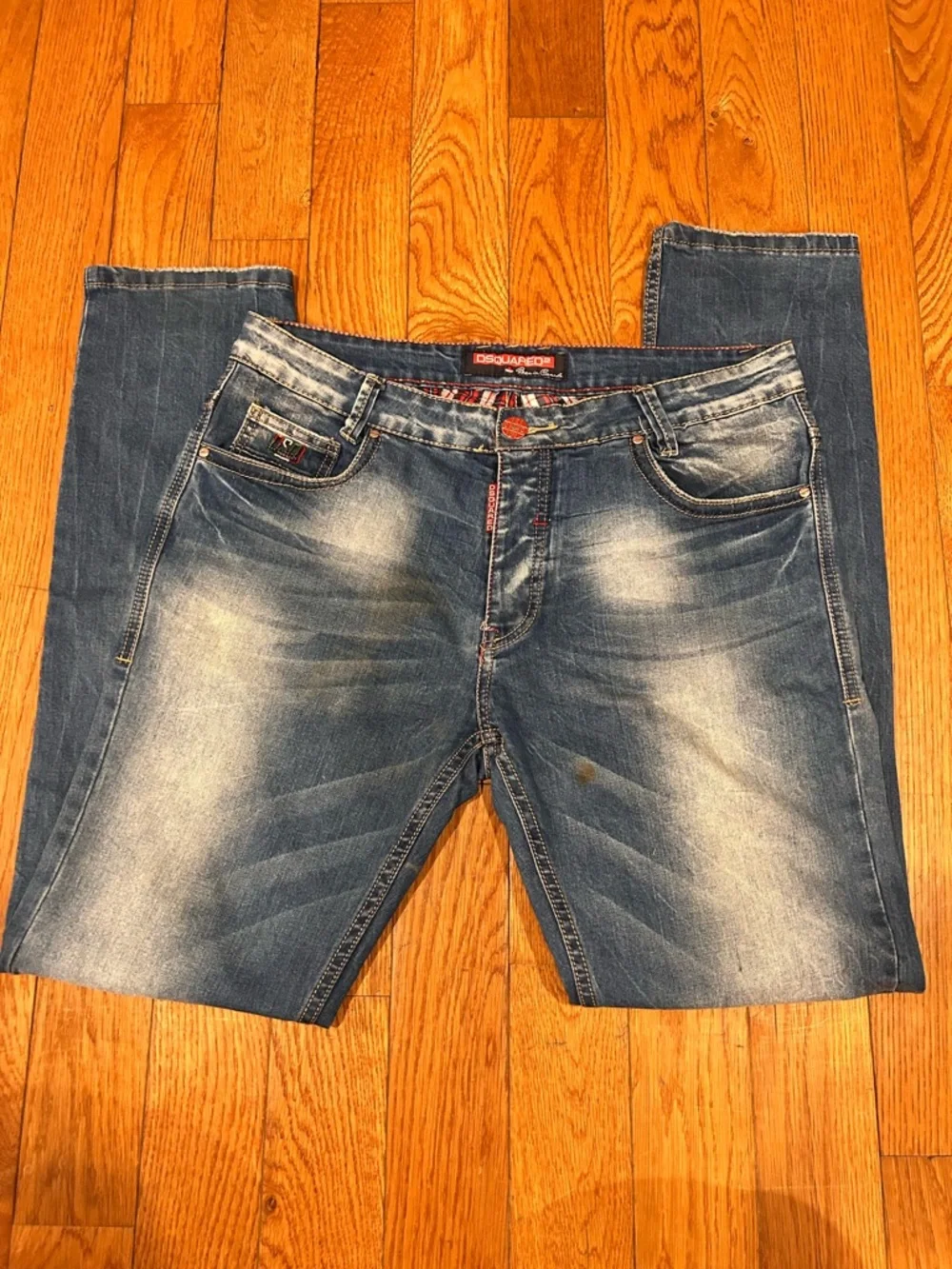 DSquared2 Men's Blue Distressed Slim Fit Denim Jeans Size 34 Plaid Pocket Lining